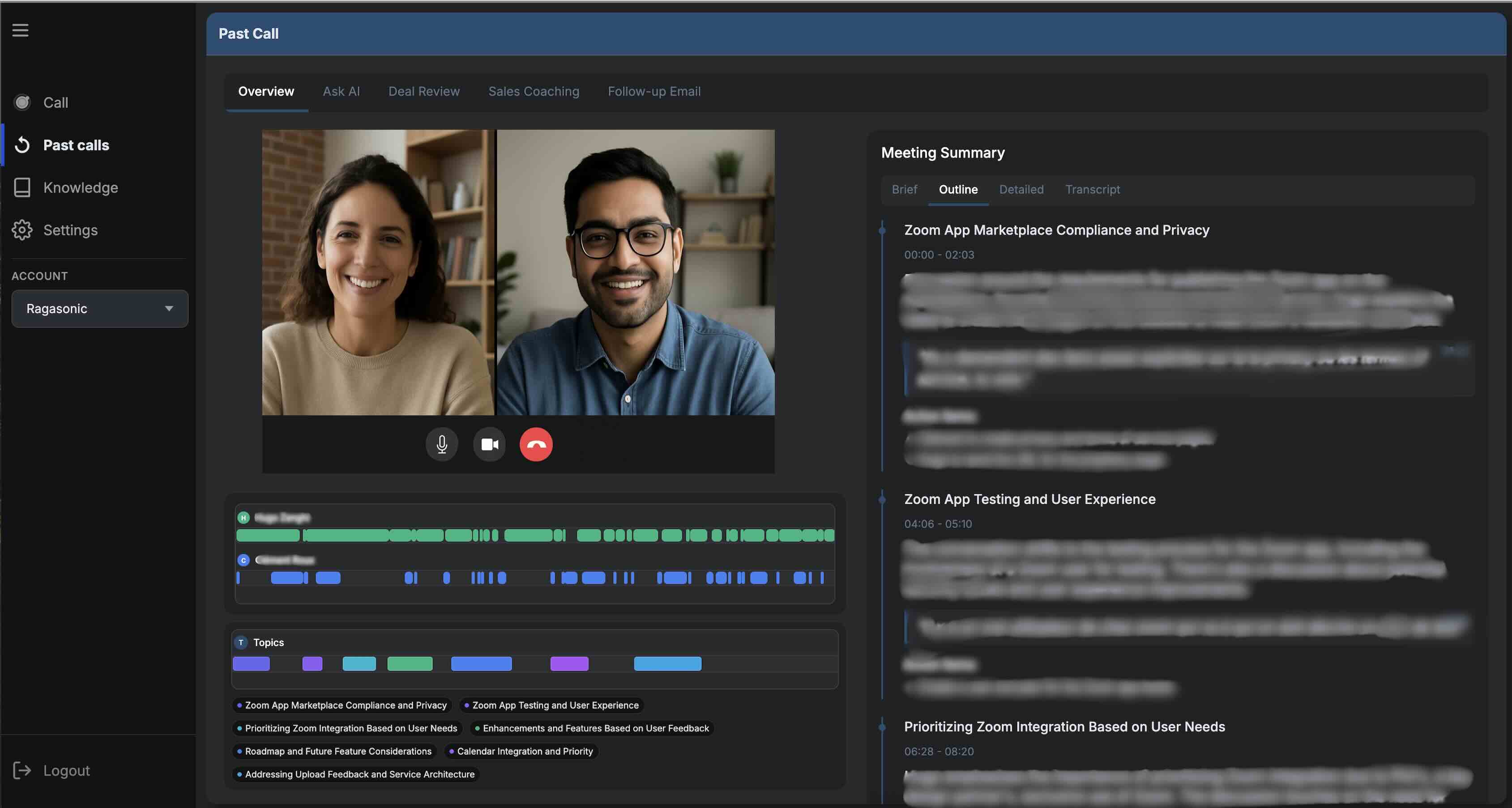 Ragasonic meeting interface showing real-time AI insights